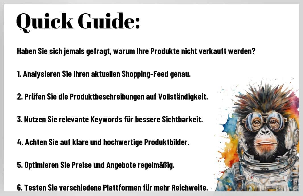 Ich habe festgestellt, dass über 70 % der Händler das volle Potenzial ihrer Shopping-Feeds nicht ausschöpfen. Mit den richtigen Optimierungsstrategien können Sie Ihre Sichtbarkeit dramatisch erhöhen und Ihre Umsätze steigern. Ich teile meine Erkenntnisse darüber, wie Sie Ihren Produkt-Feed perfektionieren und sich einen Wettbewerbsvorteil sichern können.