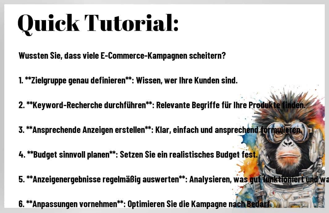 Nur wenige kennen die wirkungsvollsten Strategien für erfolgreiche E-Commerce-SEA-Kampagnen. Ich teile exklusive Tipps, die Ihren Online-Shop an die Spitze bringen können. Verpassen Sie nicht die Gelegenheit, Ihre Konkurrenz zu überholen und Ihren Umsatz drastisch zu steigern. Diese Erkenntnisse könnten den entscheidenden Unterschied für Ihr Geschäft bedeuten. Lassen Sie sich nicht abhängen und erfahren Sie, welche Tricks die Profis anwenden.