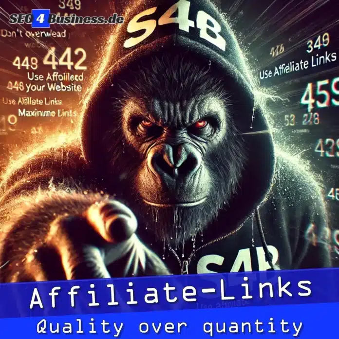 Gorilla im S4B-Hoodie greift aus dem Bild und warnt vor zu vielen Affiliate-Links.