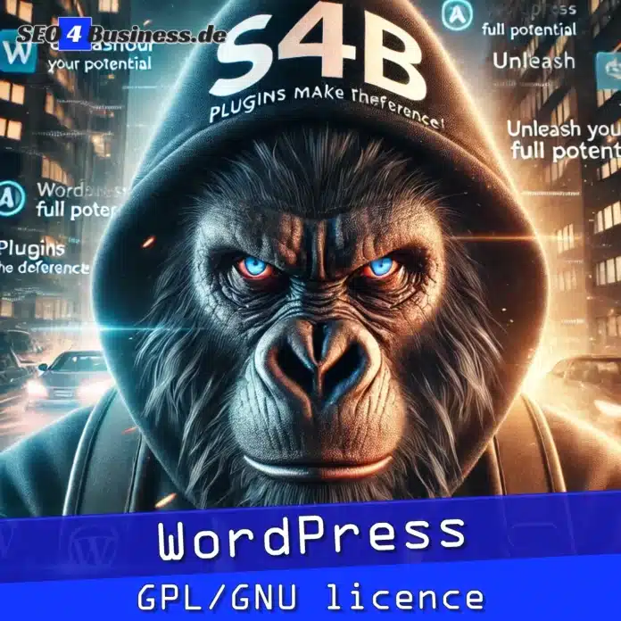 Gorilla mit S4B-Hoodie, intensiv fokussierter Blick, Symbol für die Kraft von GPL/GNU Lizenzen und Plugins.