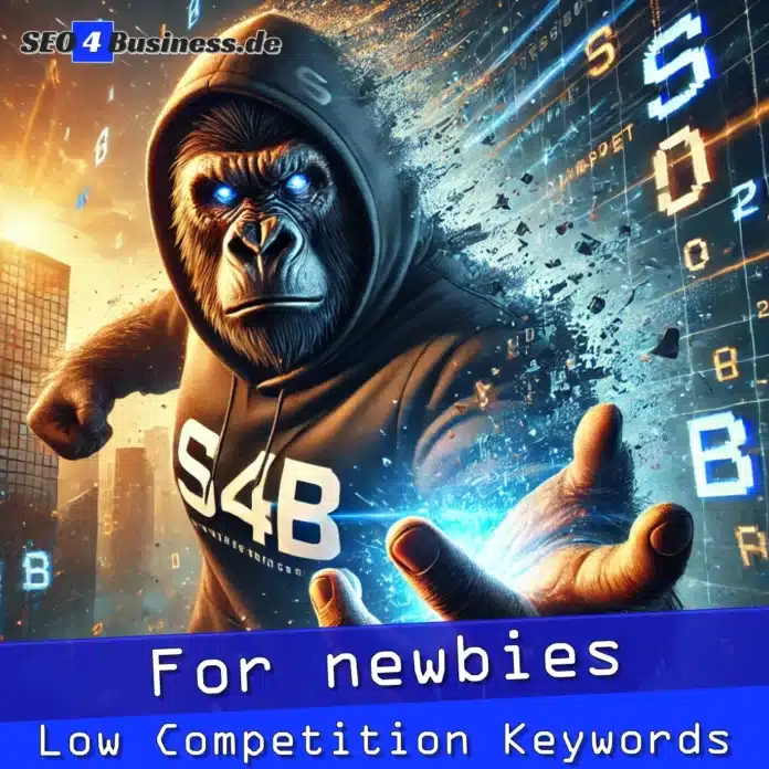 Gorilla im S4B-Hoodie greift nach Low-Competition-Keywords in einer surrealen Umgebung.