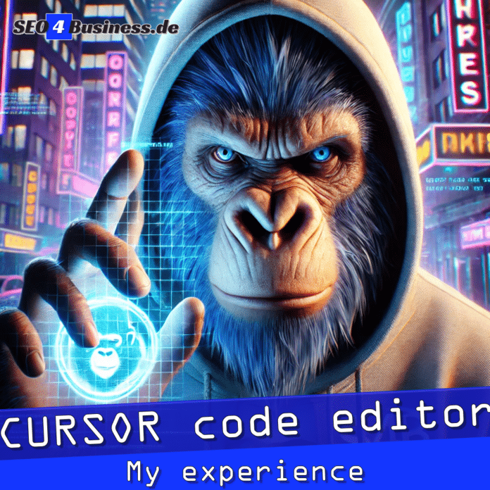 Gorilla im S4B-Hoodie in einer futuristischen Stadt mit CURSOR-Projektion.