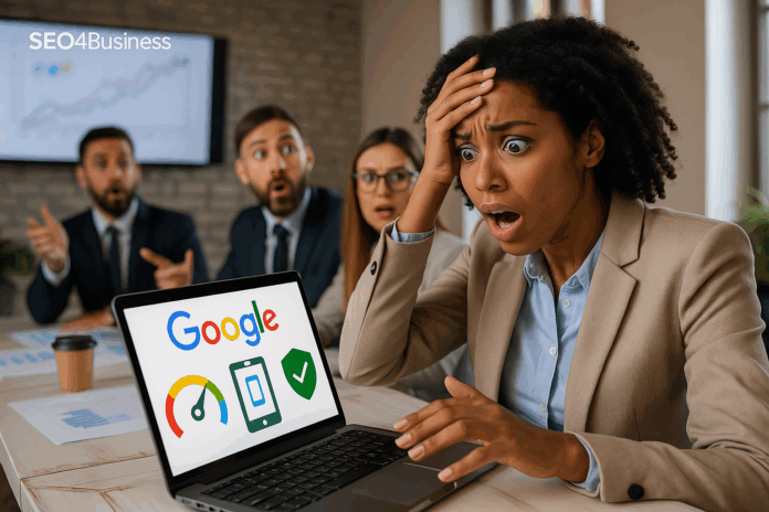Eine erschrockene Frau in Businesskleidung blickt auf ihren Laptop mit Google-Symbolen; drei Kolleg:innen reagieren ebenso überrascht im Hintergrund.