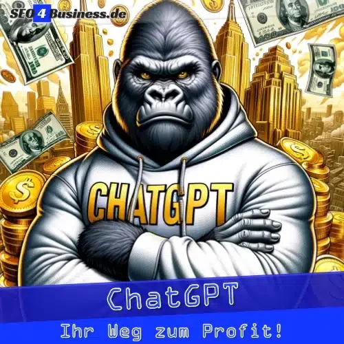 Gorilla im ChatGPT Hoodie vor Business-Hintergrund