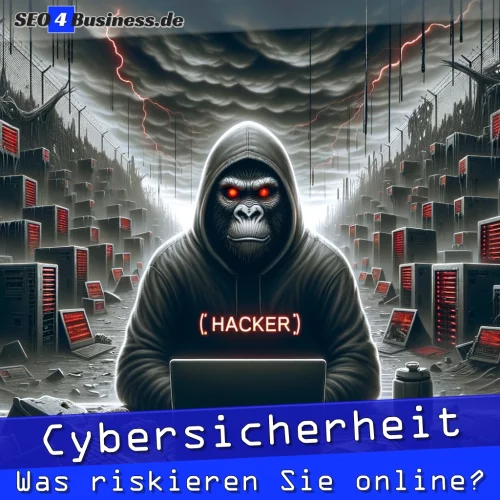Gorilla in Hacker-Hoodie in einer dystopischen Cyberwelt
